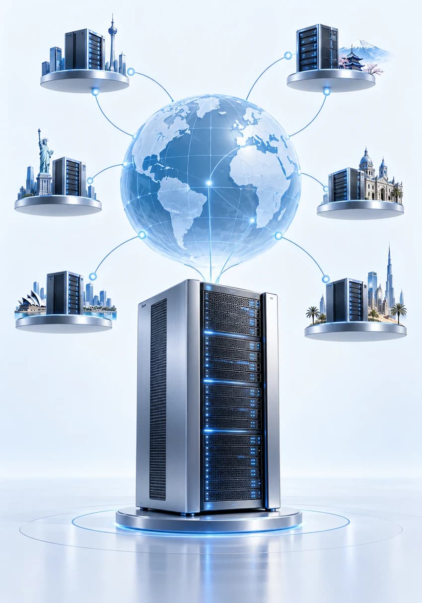 Global network connecting a central server with regional infrastructure