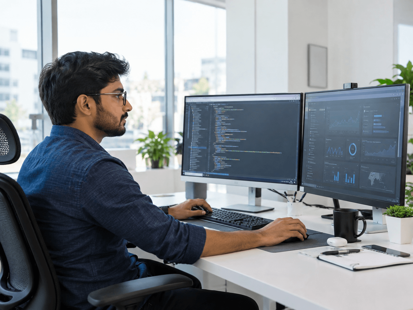 Software engineer working with code and infrastructure dashboards
