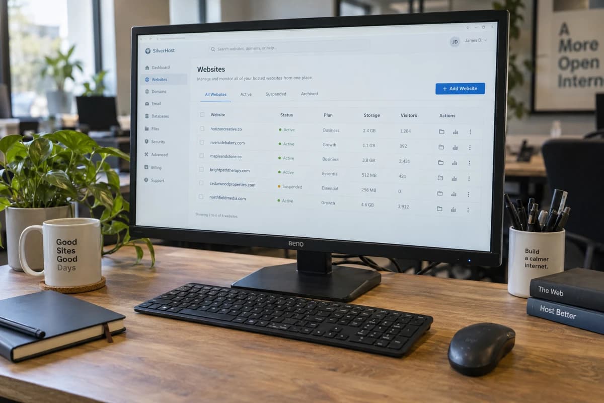 Hosting administration dashboard on a monitor in a naturally lit office workspace