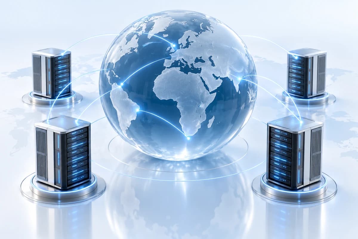 Four connected server hubs surrounding a glass globe