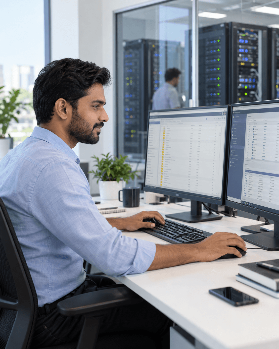Hosting migration specialist transferring client accounts in a bright office
