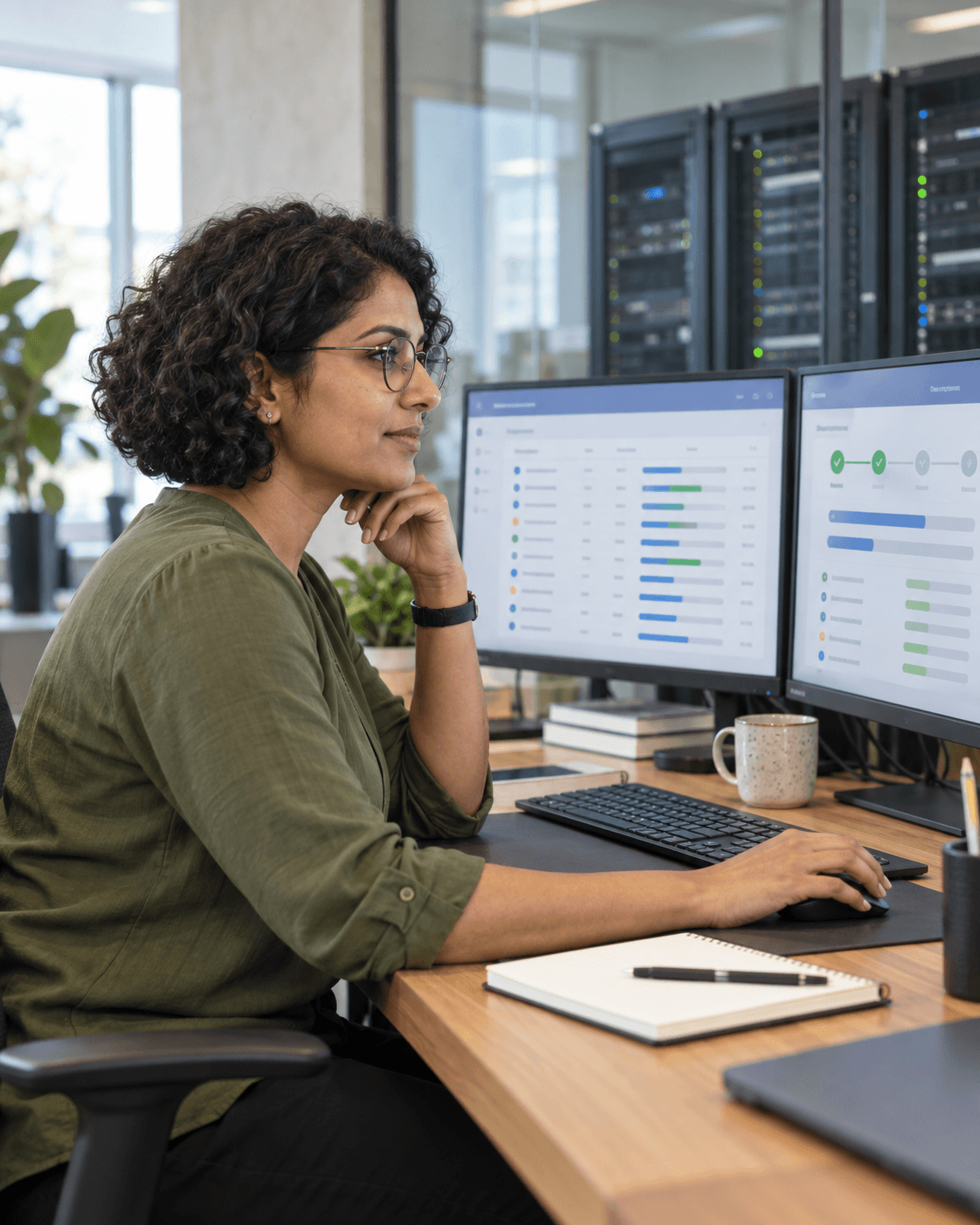 Female migration specialist with short curly hair reviewing client account transfers