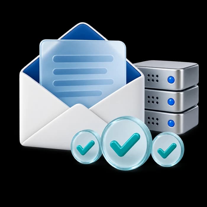 Business email illustration with verification seals and a mail server