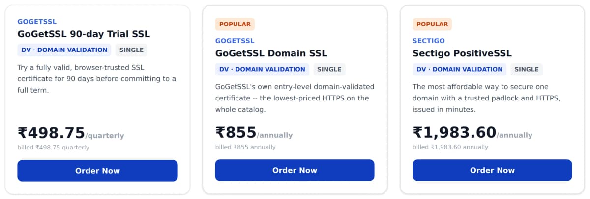 Our SSL certificate plans, live-priced and ready to order