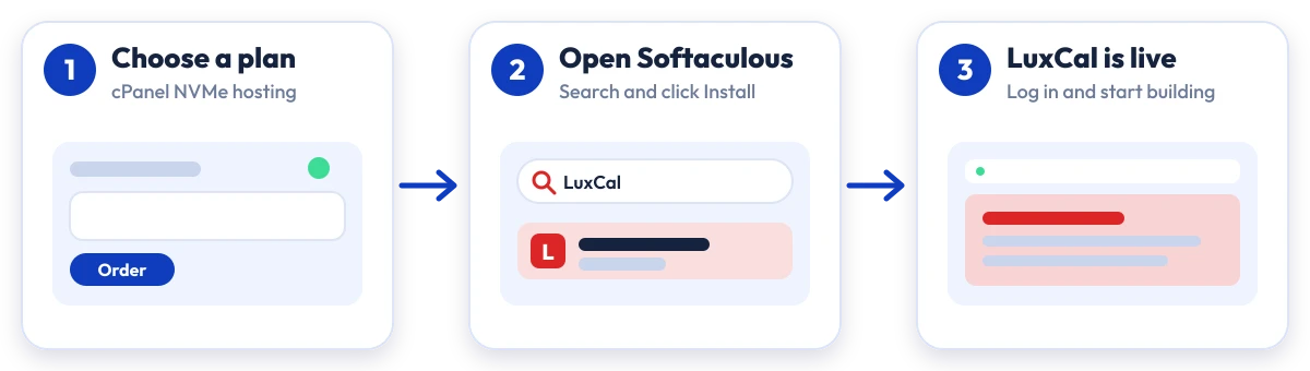 How to install LuxCal on Hostripples: choose a plan, open Softaculous, LuxCal is live