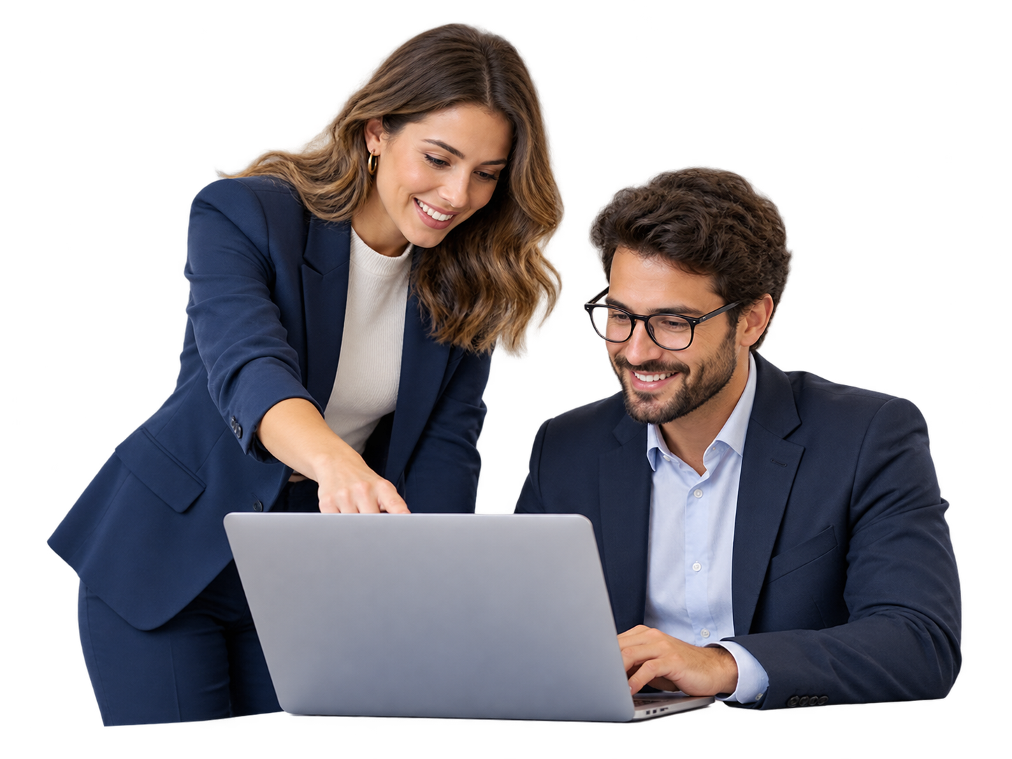Business professionals sharing a recommendation over a laptop